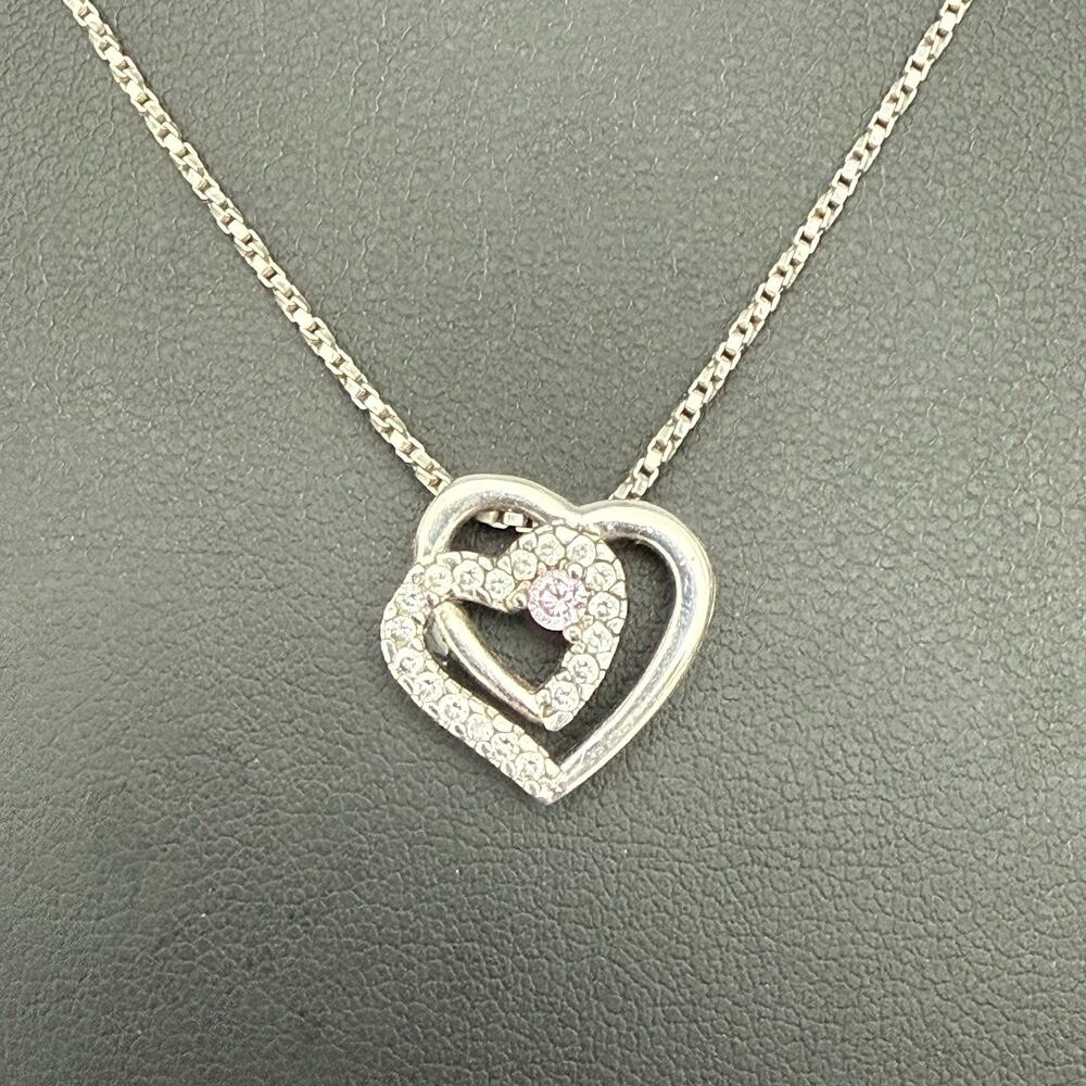 Sterling Silver Pink & Clear CZ Double Heart Pendant Necklace 16” Vintage 925